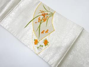 引箔　地紙に草花模様　刺繍　名古屋帯
